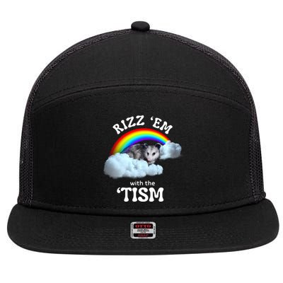 Autism Funny Rizz Em With The Tism Meme Autistic Opossum 7 Panel Mesh Trucker Snapback Hat