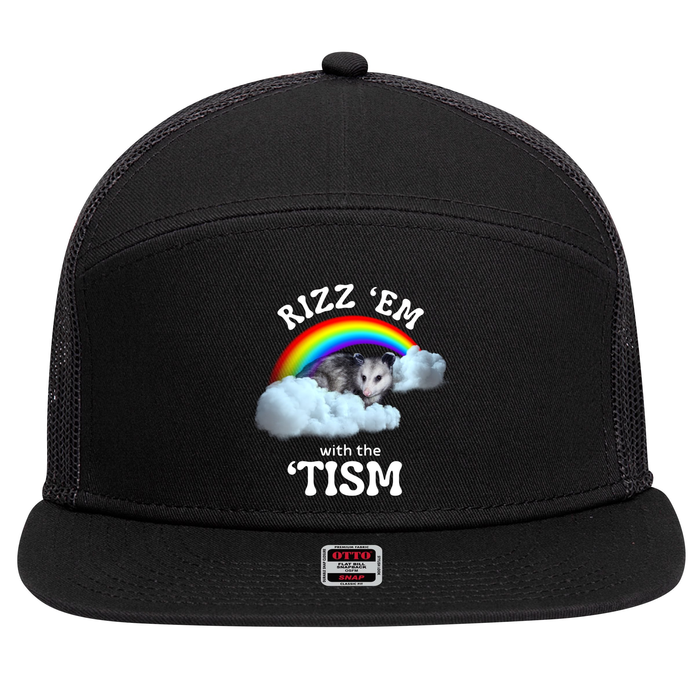 Autism Funny Rizz Em With The Tism Meme Autistic Opossum 7 Panel Mesh Trucker Snapback Hat