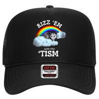 Autism Funny Rizz Em With The Tism Meme Autistic Opossum High Crown Mesh Back Trucker Hat