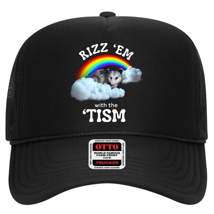 Autism Funny Rizz Em With The Tism Meme Autistic Opossum High Crown Mesh Back Trucker Hat