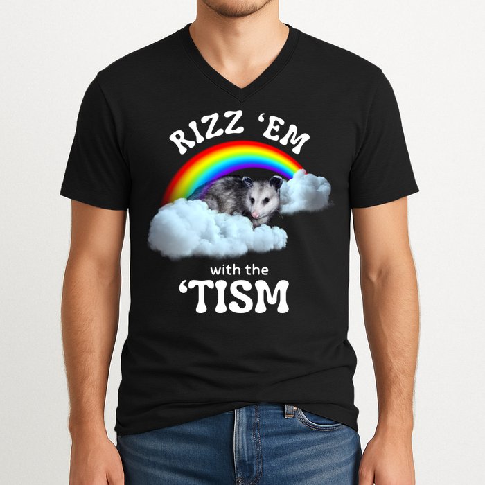 Autism Funny Rizz Em With The Tism Meme Autistic Opossum V-Neck T-Shirt