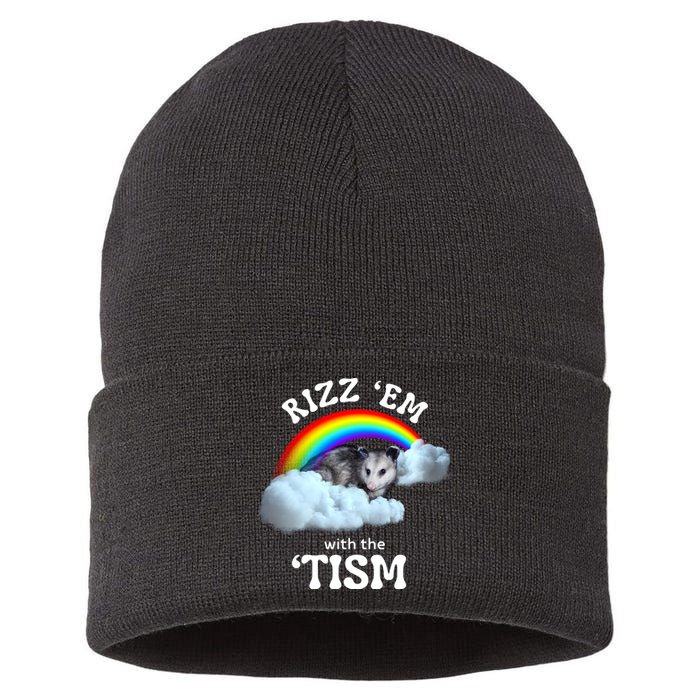 Autism Funny Rizz Em With The Tism Meme Autistic Opossum Sustainable Knit Beanie