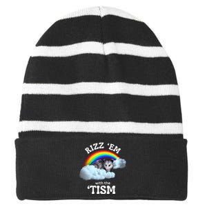 Autism Funny Rizz Em With The Tism Meme Autistic Opossum Striped Beanie with Solid Band