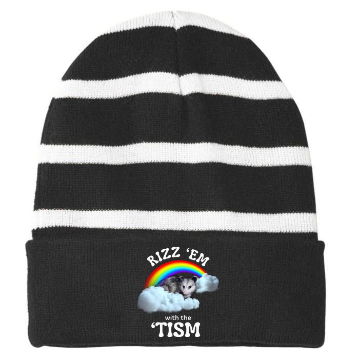 Autism Funny Rizz Em With The Tism Meme Autistic Opossum Striped Beanie with Solid Band