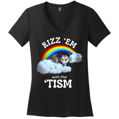 Autism Funny Rizz Em With The Tism Meme Autistic Opossum Women's V-Neck T-Shirt