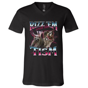 Autism Funny Rizz Em With The Tism Meme Autistic Racoon V-Neck T-Shirt