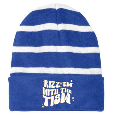 Autism Funny Rizz Em With The Tism Meme Autistic Cool Cute Gift Striped Beanie with Solid Band