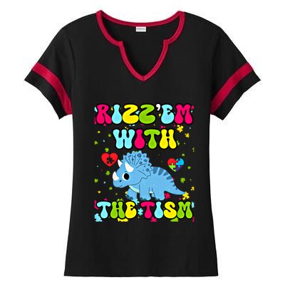 Autism Funny Rizz Em With The Tism Meme Autistic Dinosaure Gift Ladies Halftime Notch Neck Tee