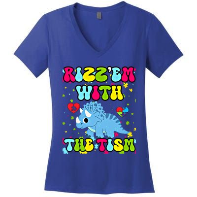 Autism Funny Rizz Em With The Tism Meme Autistic Dinosaure Gift Women's V-Neck T-Shirt