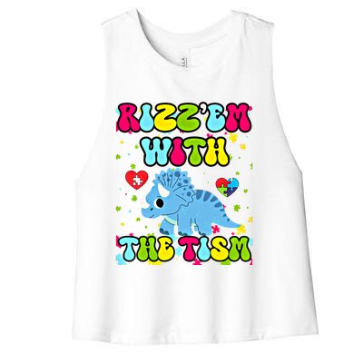 Autism Funny Rizz Em With The Tism Meme Autistic Dinosaure Gift Women's Racerback Cropped Tank