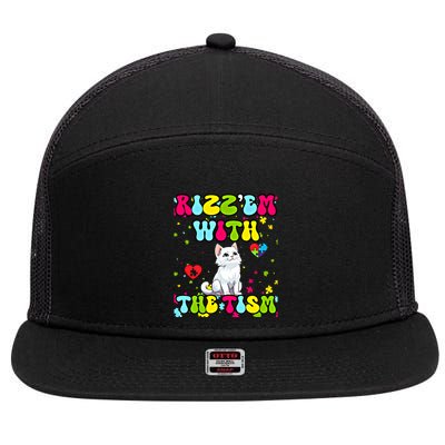 Autism Funny Rizz Em With The Tism Meme Autistic Cute Cat Great Gift 7 Panel Mesh Trucker Snapback Hat