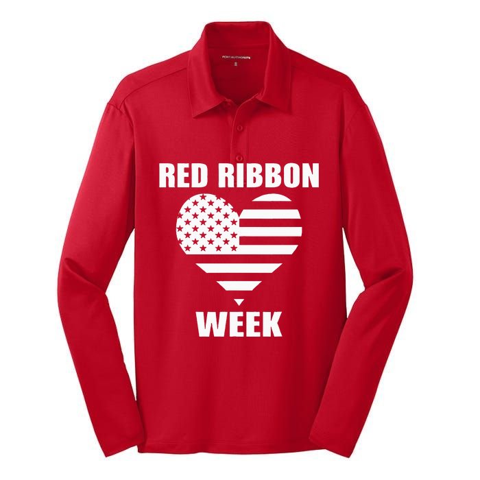 American Flag Red Ribbon Week Awareness Silk Touch Performance Long Sleeve Polo