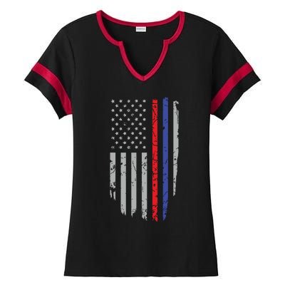 American Flag Red Blue Thin Line Apparel Firefighter Police Ladies Halftime Notch Neck Tee