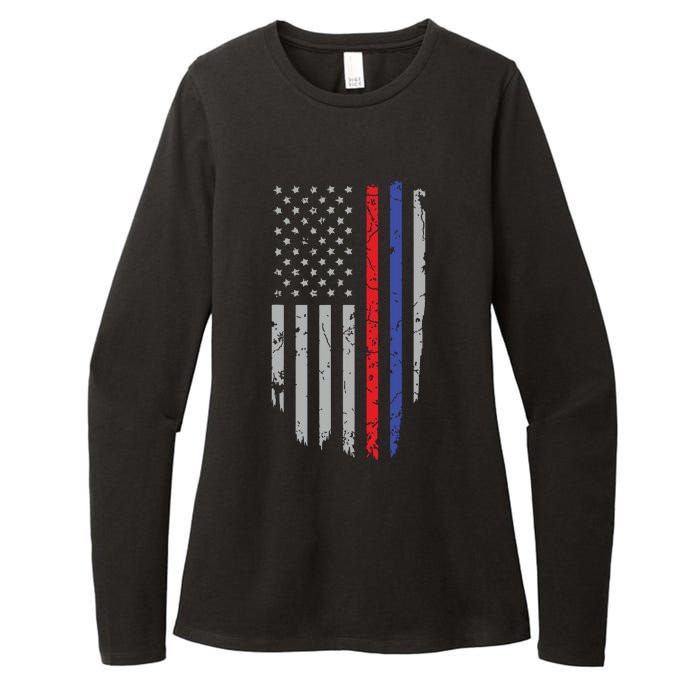 American Flag Red Blue Thin Line Apparel Firefighter Police Womens CVC Long Sleeve Shirt