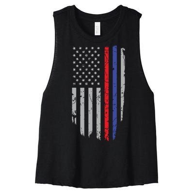 American Flag Red Blue Thin Line Apparel Firefighter Police Women's Racerback Cropped Tank