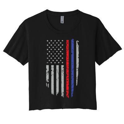 American Flag Red Blue Thin Line Apparel Firefighter Police Women's Crop Top Tee