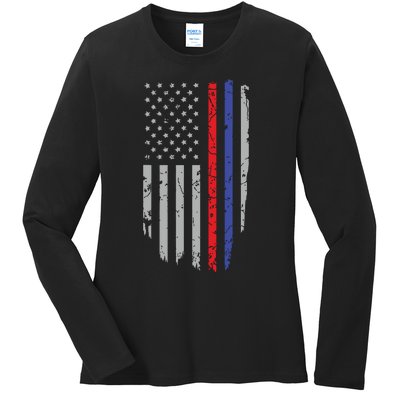 American Flag Red Blue Thin Line Apparel Firefighter Police Ladies Long Sleeve Shirt