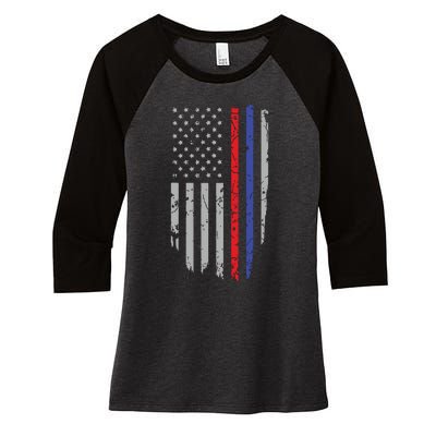 American Flag Red Blue Thin Line Apparel Firefighter Police Women's Tri-Blend 3/4-Sleeve Raglan Shirt