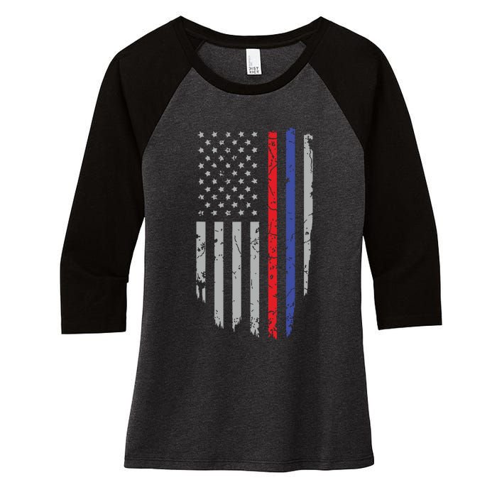 American Flag Red Blue Thin Line Apparel Firefighter Police Women's Tri-Blend 3/4-Sleeve Raglan Shirt