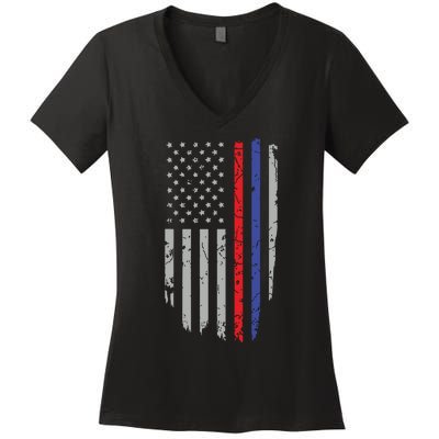 American Flag Red Blue Thin Line Apparel Firefighter Police Women's V-Neck T-Shirt