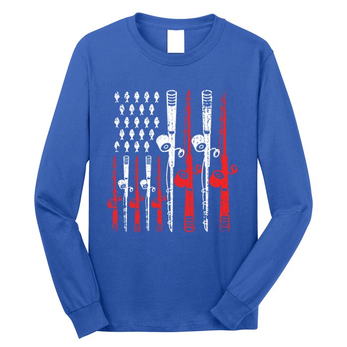 American Flag Retro Fishing Rod Lover Dad Papa Fisher Funny Gift Long Sleeve Shirt