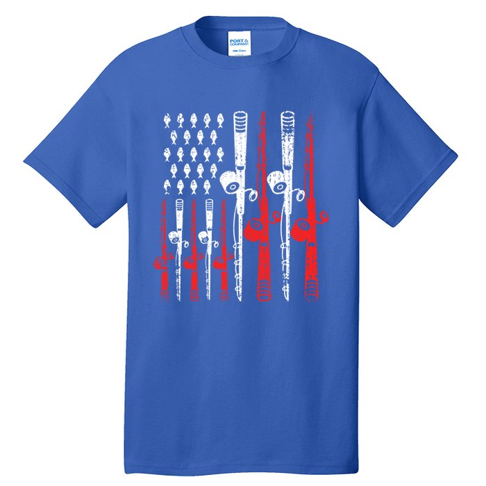 American Flag Retro Fishing Rod Lover Dad Papa Fisher Funny Gift Tall T-Shirt