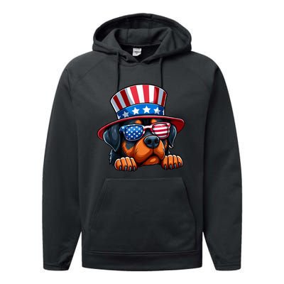 American Flag Rottweiler Dog Lover Funny 4th Of July Dog Gift Performance Fleece Hoodie