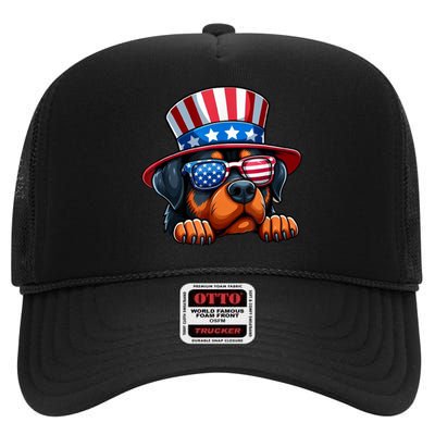 American Flag Rottweiler Dog Lover Funny 4th Of July Dog Gift High Crown Mesh Back Trucker Hat