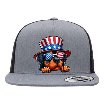 American Flag Rottweiler Dog Lover Funny 4th Of July Dog Gift Flat Bill Trucker Hat