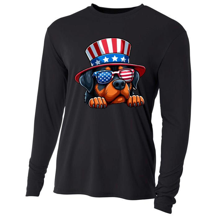 American Flag Rottweiler Dog Lover Funny 4th Of July Dog Gift Cooling Performance Long Sleeve Crew