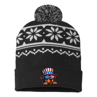 American Flag Rottweiler Dog Lover Funny 4th Of July Dog Gift USA-Made Snowflake Beanie