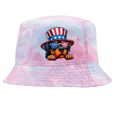 American Flag Rottweiler Dog Lover Funny 4th Of July Dog Gift Tie-Dyed Bucket Hat