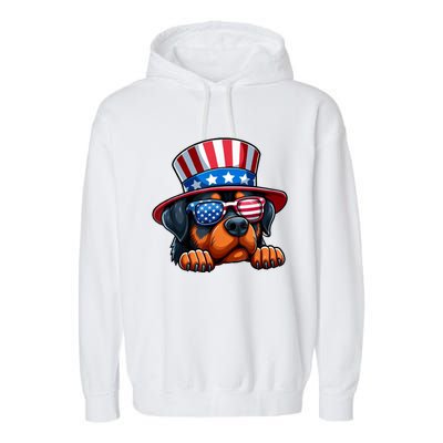 American Flag Rottweiler Dog Lover Funny 4th Of July Dog Gift Garment-Dyed Fleece Hoodie