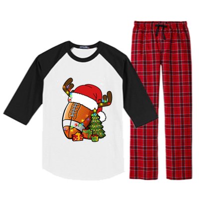 American Football Reindeer Santa Hat Lights Christmas Tree Gift Raglan Sleeve Pajama Set