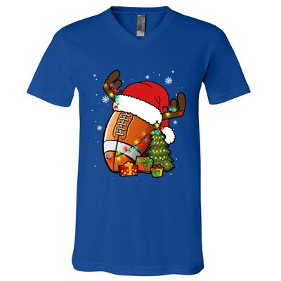 American Football Reindeer Santa Hat Lights Christmas Tree Gift V-Neck T-Shirt