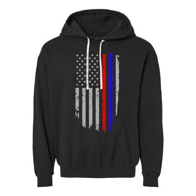 American Flag Red Blue Thin Line Apparel Firefighter Police Garment-Dyed Fleece Hoodie