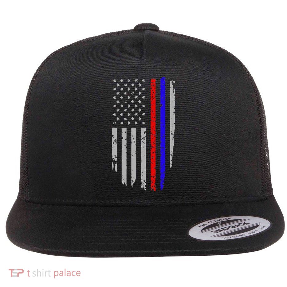 American Flag Red Blue Thin Line Apparel Firefighter Police Flatbill Hat