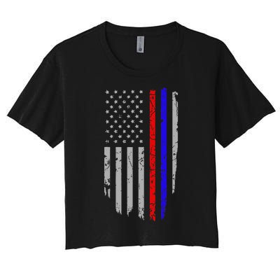 American Flag Red Blue Thin Line Apparel Firefighter Police Women's Crop Top Tee