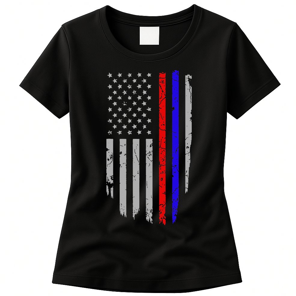 American Flag Red Blue Thin Line Apparel Firefighter Police Womens T-Shirt