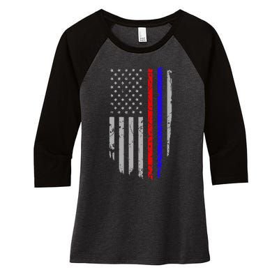 American Flag Red Blue Thin Line Apparel Firefighter Police Women's Tri-Blend 3/4-Sleeve Raglan Shirt