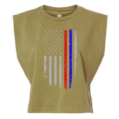 American Flag Red Blue Thin Line Apparel Firefighter Police Garment-Dyed Women's Muscle Tee