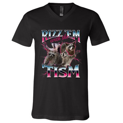 Autism Funny Rizz Em With The Tism Meme Autistic Racoon V-Neck T-Shirt