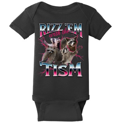 Autism Funny Rizz Em With The Tism Meme Autistic Racoon Baby Bodysuit