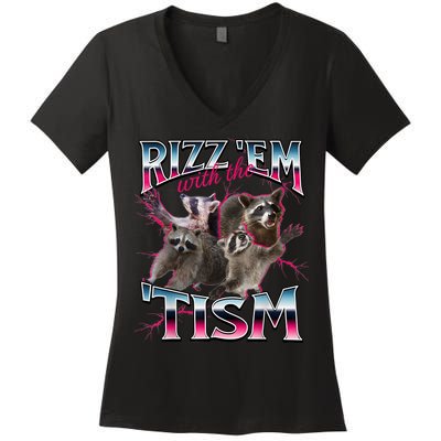 Autism Funny Rizz Em With The Tism Meme Autistic Racoon Women's V-Neck T-Shirt