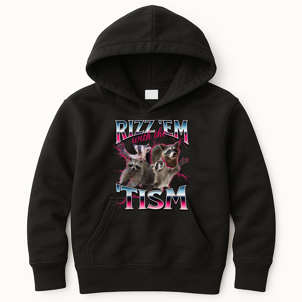 Autism Funny Rizz Em With The Tism Meme Autistic Racoon Kids Hoodie