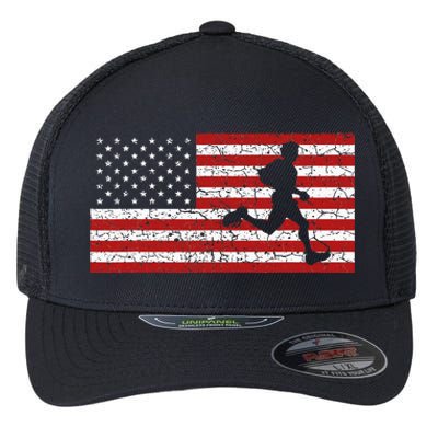 American Flag Running Runner Flexfit Unipanel Trucker Cap