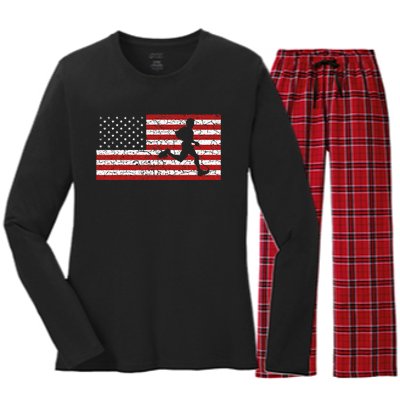 American Flag Running Runner Women's Long Sleeve Flannel Pajama Set 