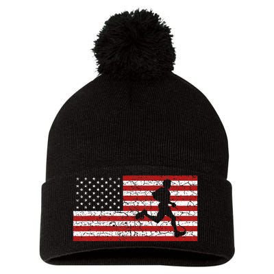 American Flag Running Runner Pom Pom 12in Knit Beanie