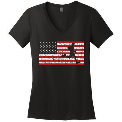 American Flag Running Runner Women's V-Neck T-Shirt