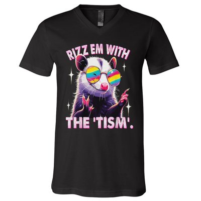 Autism Funny Rizz Em With The Tism Meme Autistic Racoon V-Neck T-Shirt